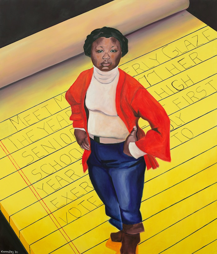Beverly Glaze is seen in this painting as a young girl. Sweater over a white turtleneck. She has struck a proud, slightly defiant, pose, hands on hips looking up. She is standing on a HUGE yellow legal pad. It appears as if it is a rug.