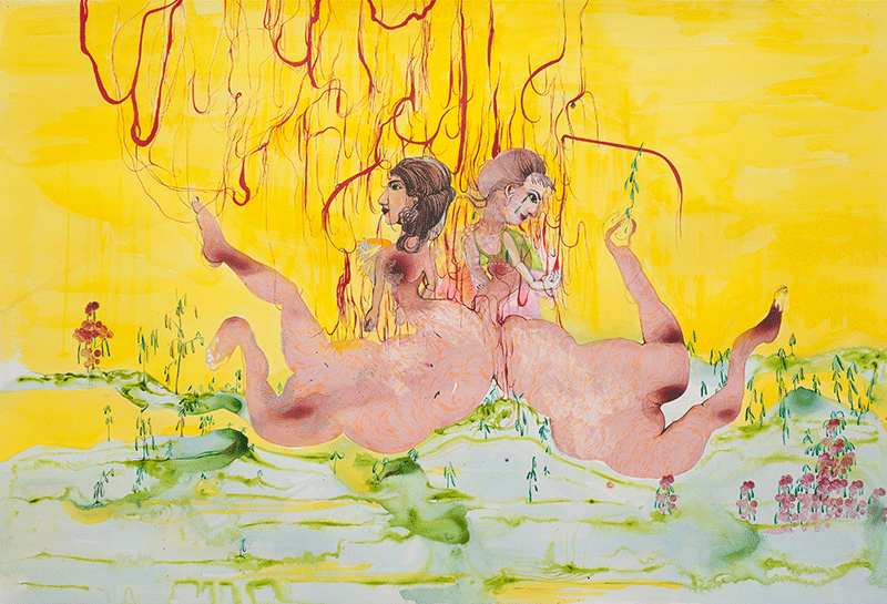 Central to this work are two figures on a bright yellow background. The top half, female, bottom half, creature. The figures are arranged back to back, unclothed with their creature legs splayed.