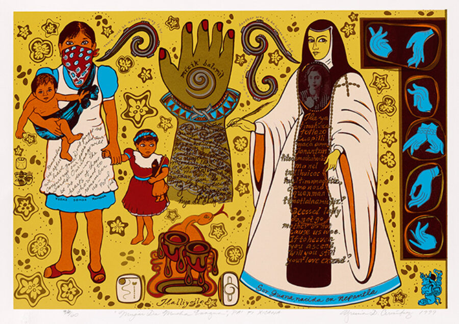 Woman with a bandana mask carrying a baby and holding her daughter's hand with another woman in a long white gown resembling a nun. Other symbols and designs fill the work including multiple blue hands showing sign language.