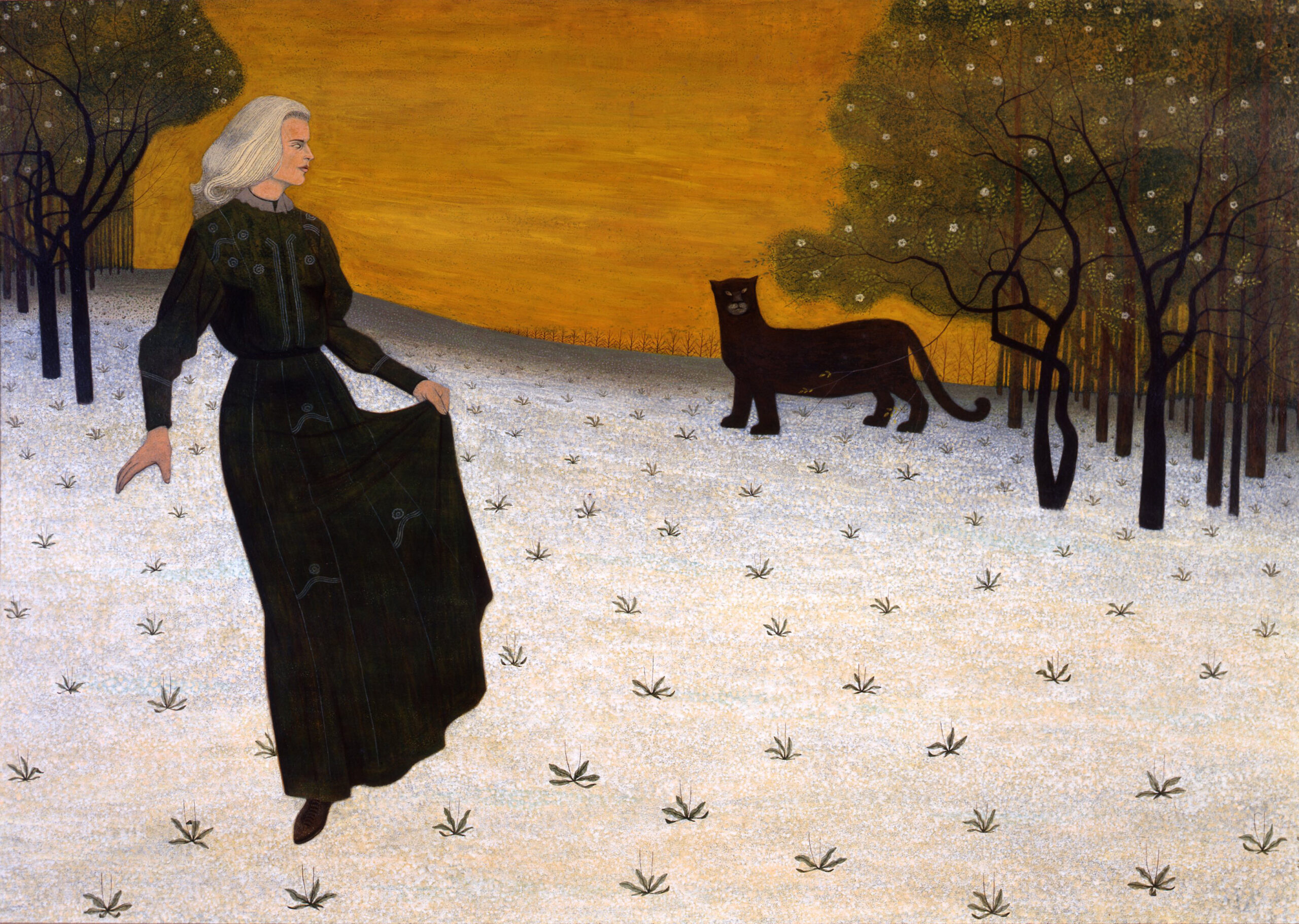 Woman with white hair in a black dress stands on the edge of the woods looking back at a black panther