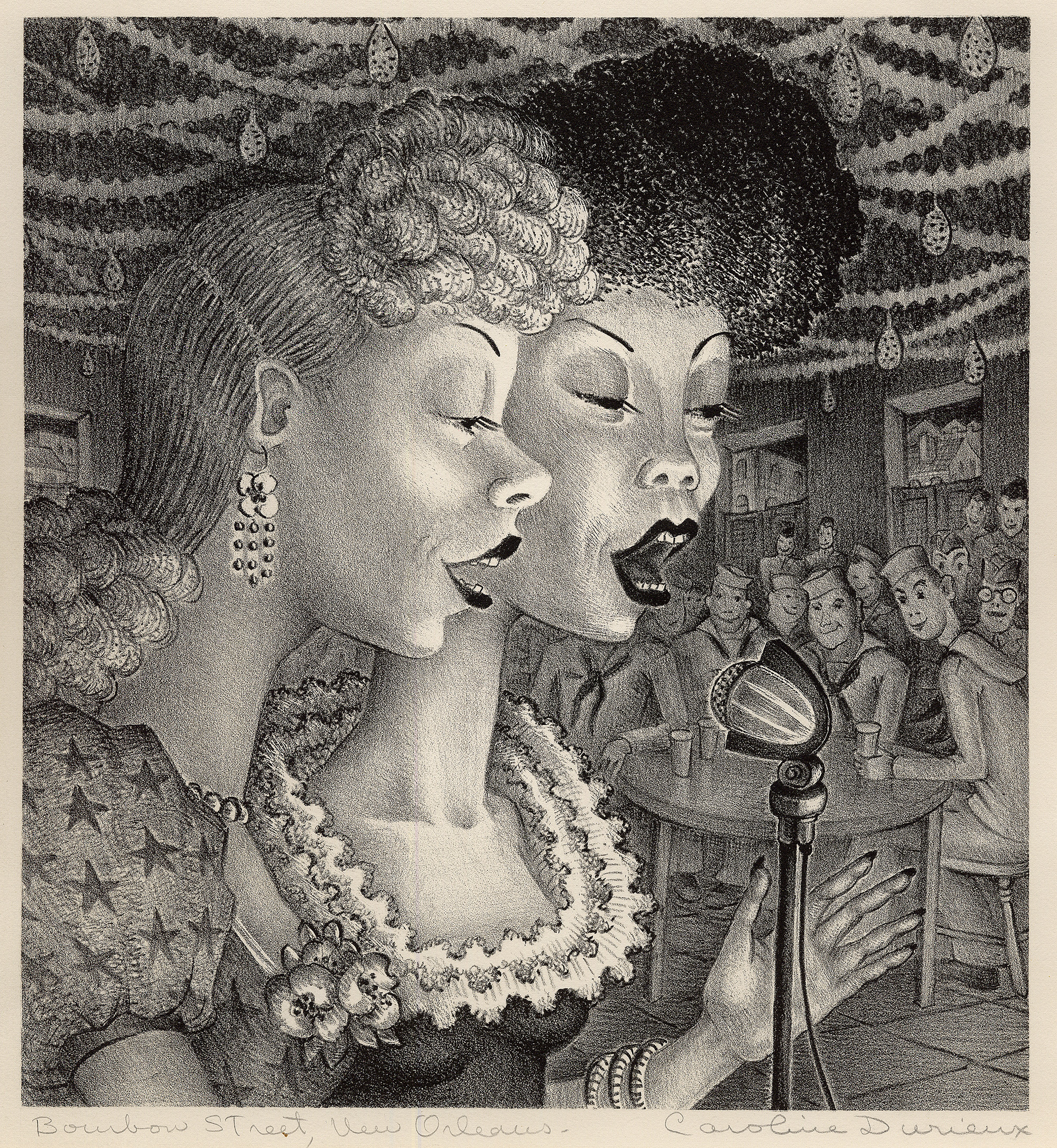 Black and white drawing of two Black women singing into a microphone with navy crew men listening