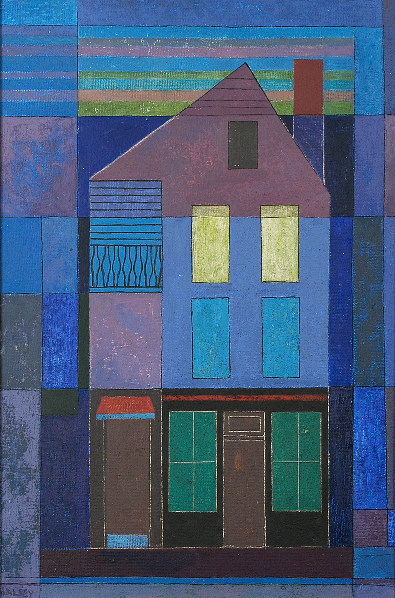 A vertical house made of blue, green, purple and yellow squares and rectangles