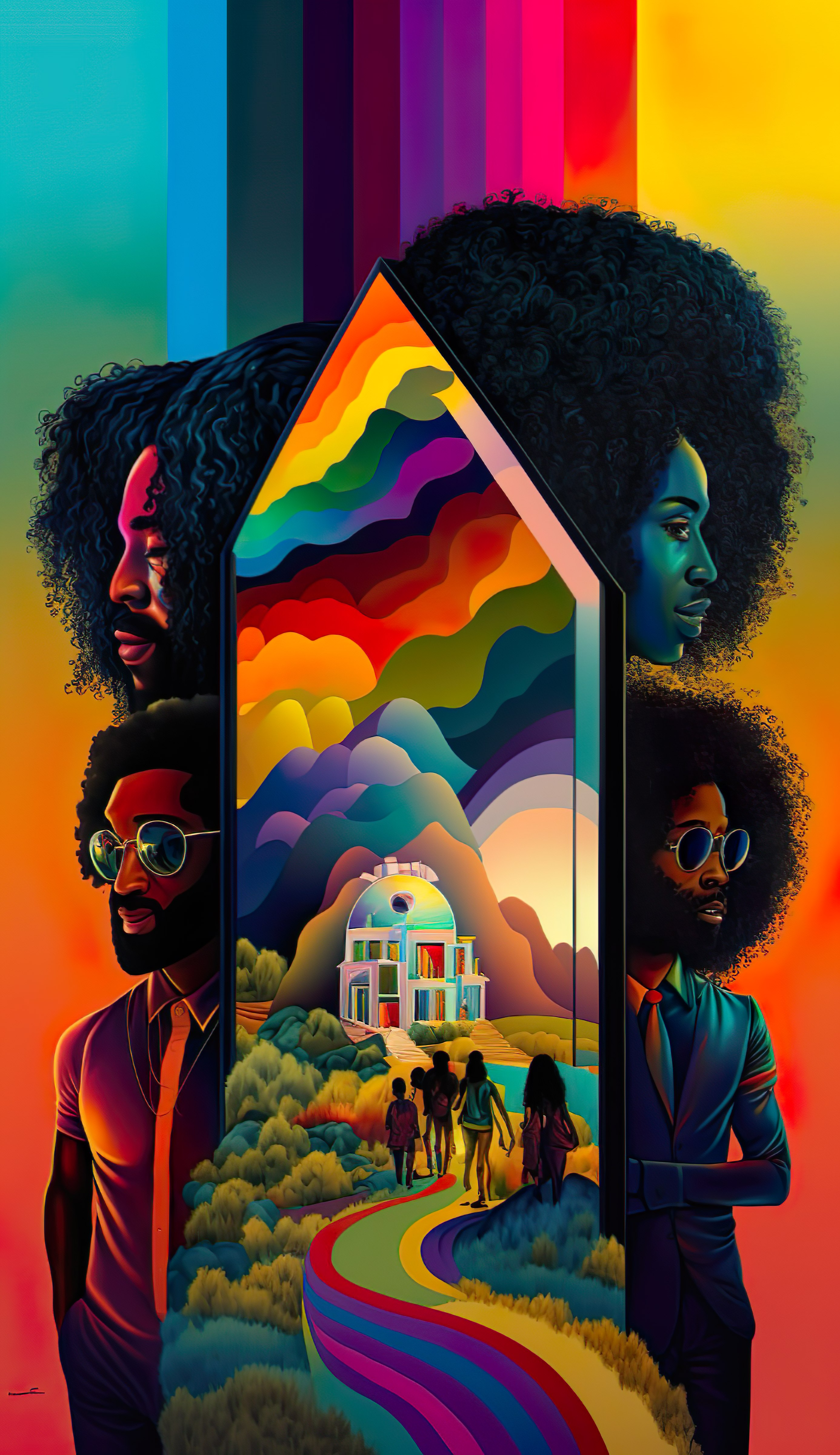 Four Black people looking from behind a scene of four people walking toward a curved top building down a rainbow pathway