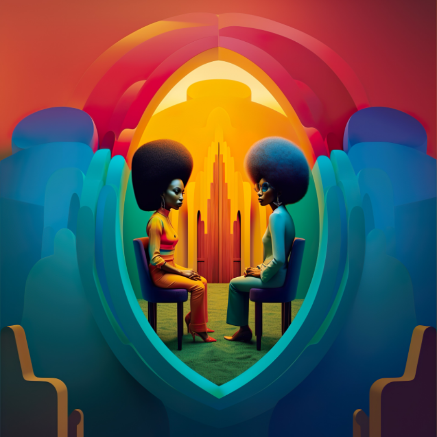 Colorful digital work featuring two Black women with large afros sitting in chairs facing each other with solemn looks on their faces.
