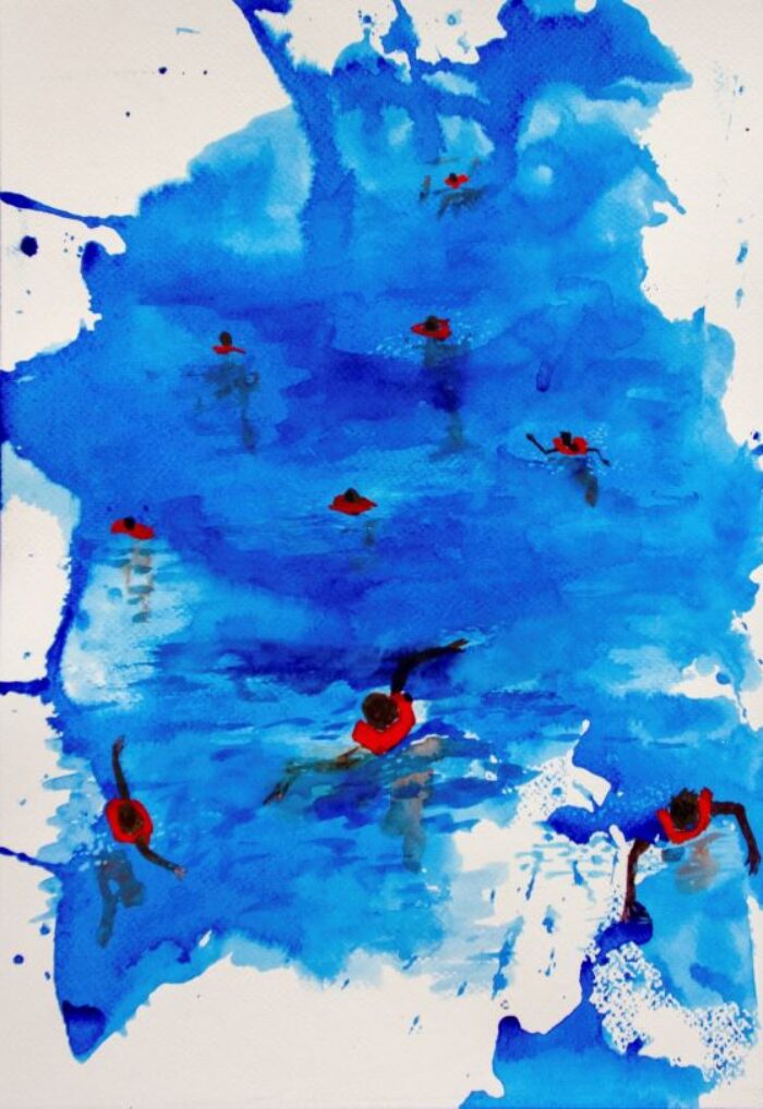 Blue abstract shape with small Black figures swimming with red life vests