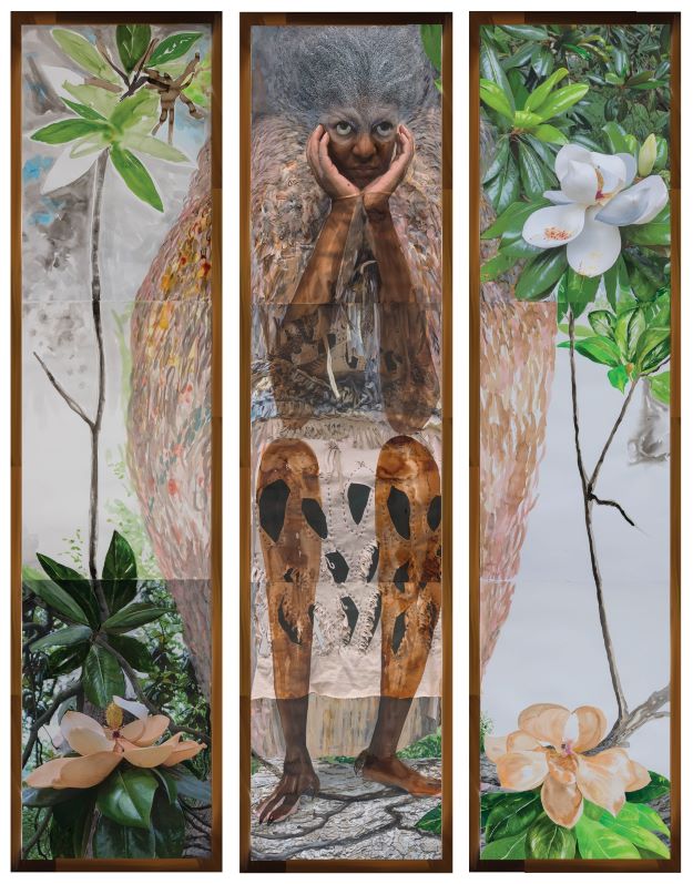 Three vertical panels with a woman in the middle with long hair or feathers and magnolia blooms on either side