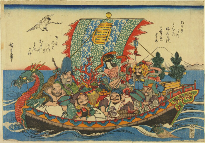 Dragon ship sailing in the water filled with pirate-like characters with a large color flag