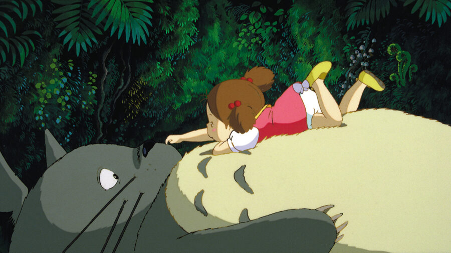 Animation of a young girl in a pink dress laying on top of a large fat gray cat touching it's nose