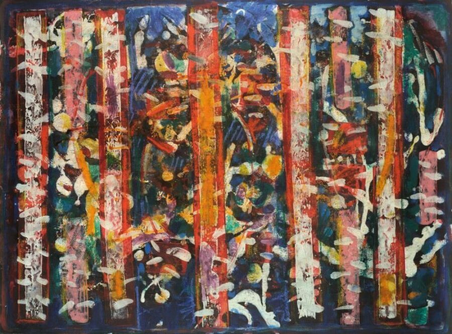 Abstract painting with vertical bars and paint strokes in a variety of colors on a dark background