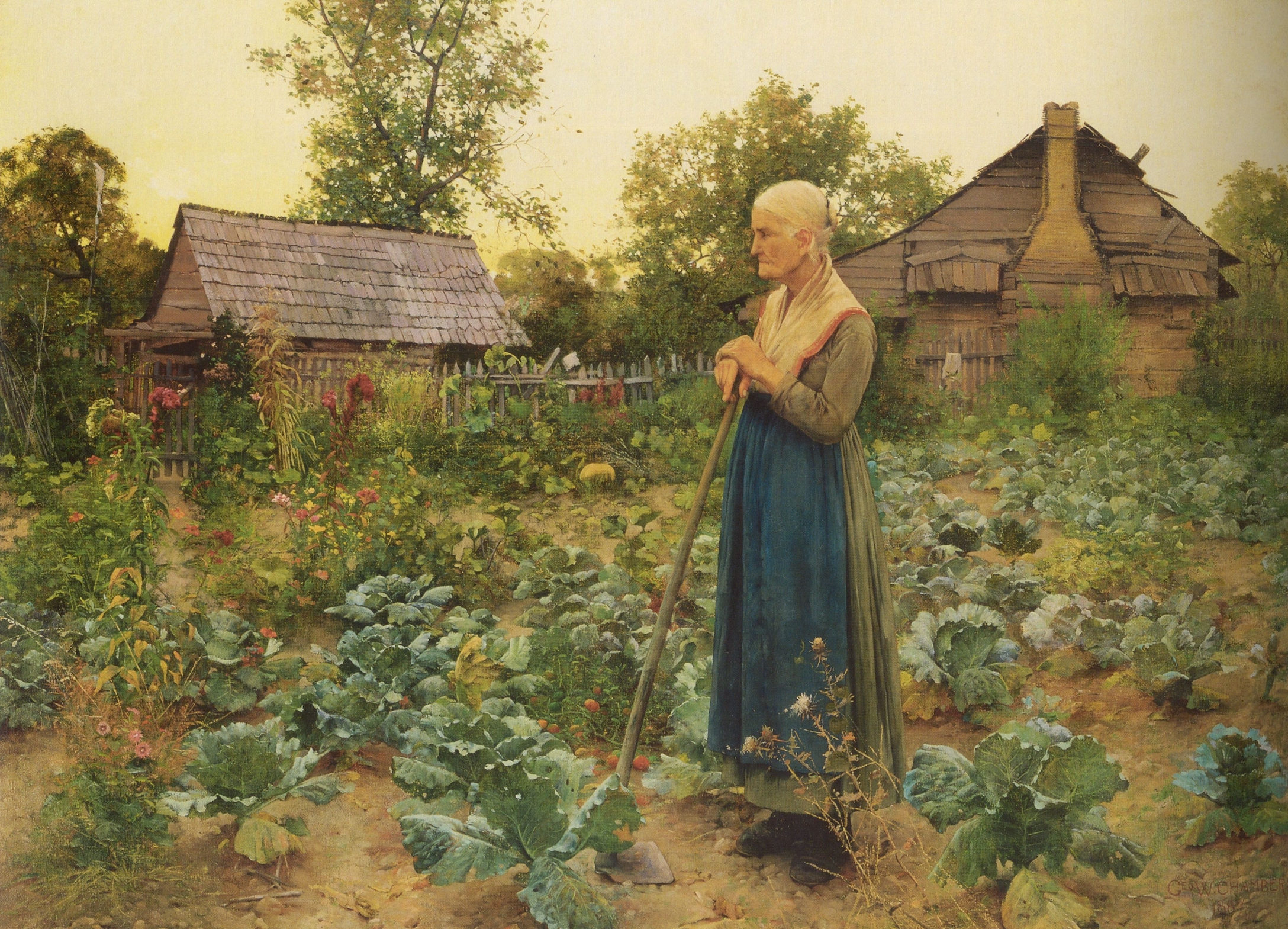 Older woman standing in a cabbage patch resting her hands on the top of a hoe