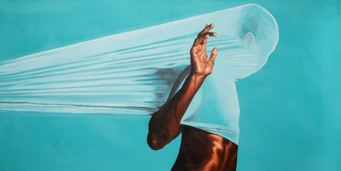 Painting of a man trapped in fabric by Fahamu Pecou titiled "End of Safety: Illusion."