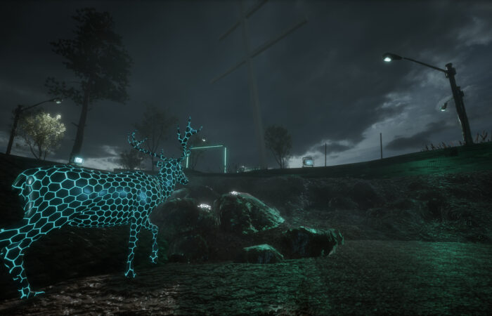 A technology based artwork with a pixelated deer in a dystopian city.