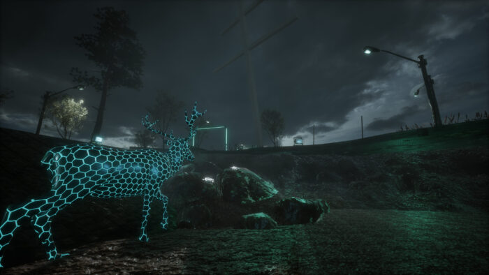 A technology based artwork with a pixelated deer in a dystopian city.