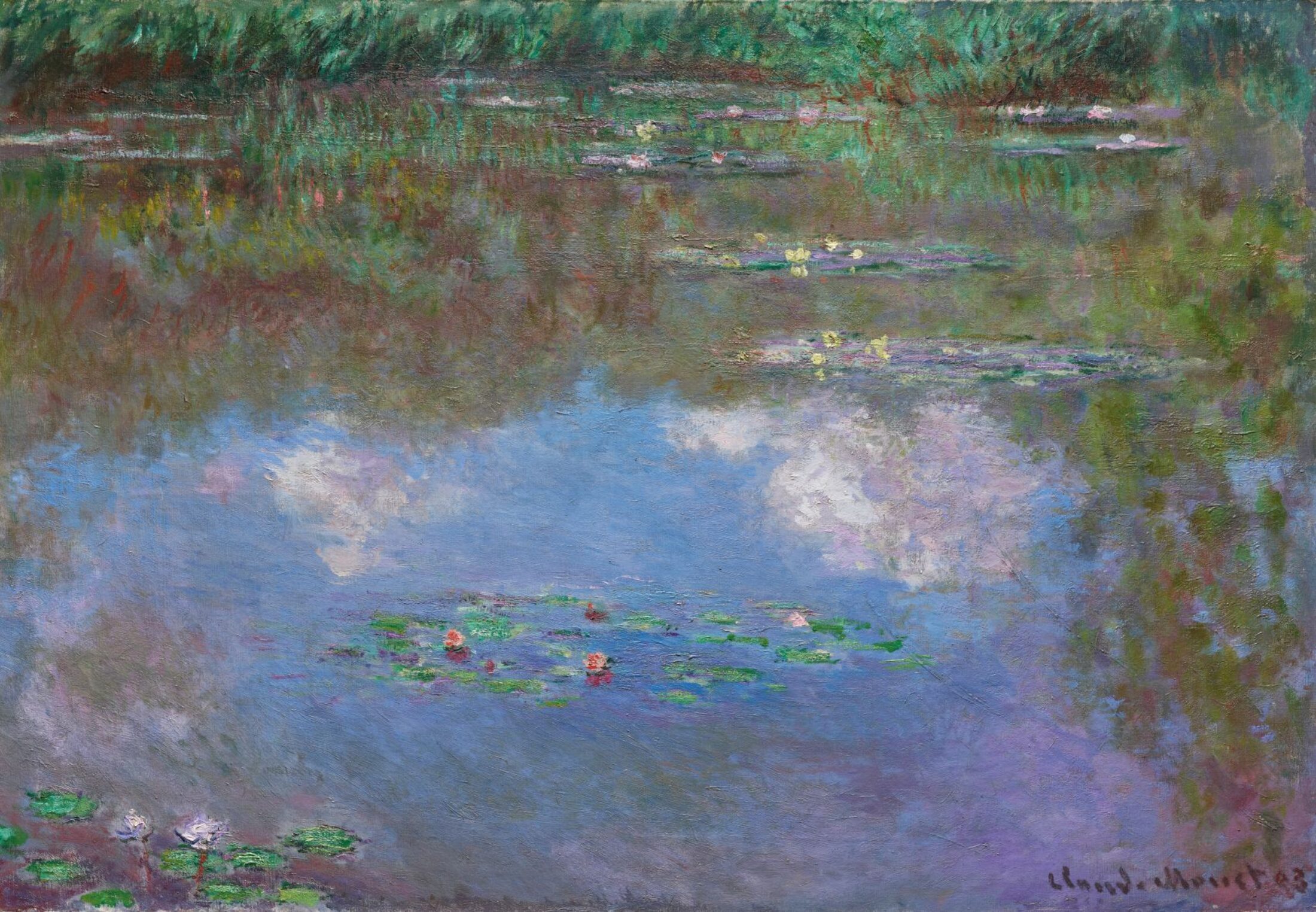 painting of a pond with lillipads showing the reflection of the clouds in the water