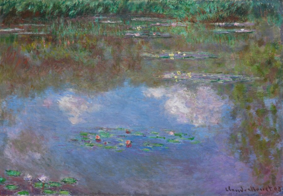 painting of a pond with lillipads showing the reflection of the clouds in the water