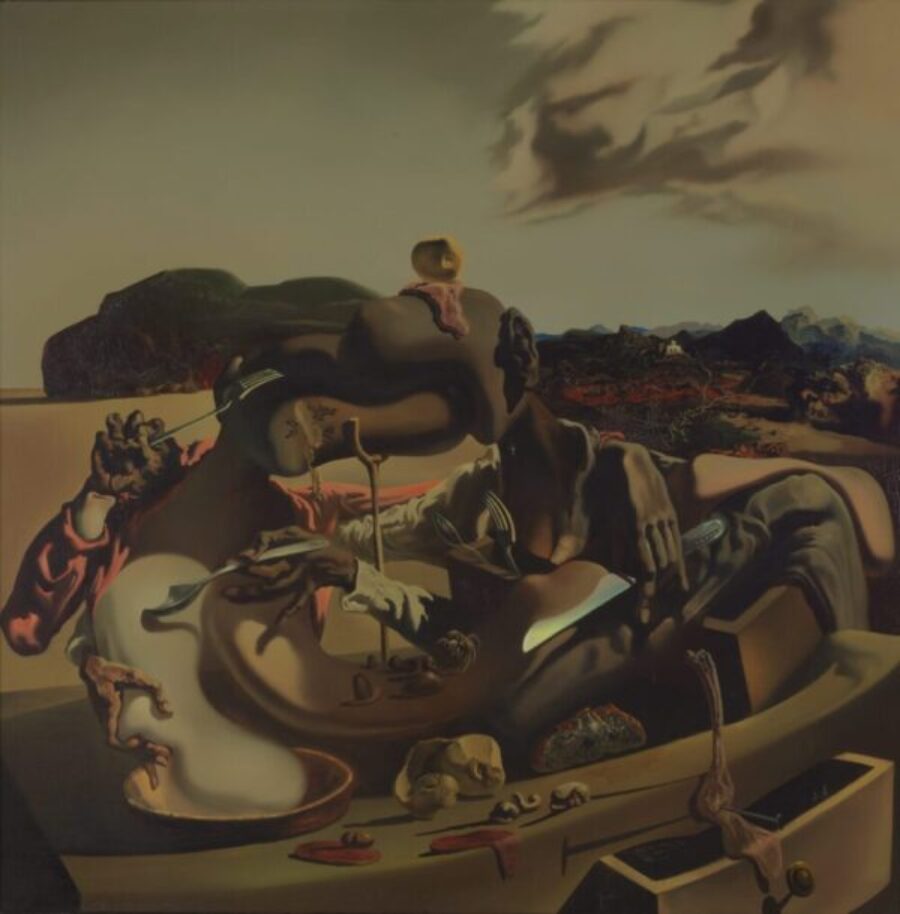 A surreal painting of figures and objects melting.