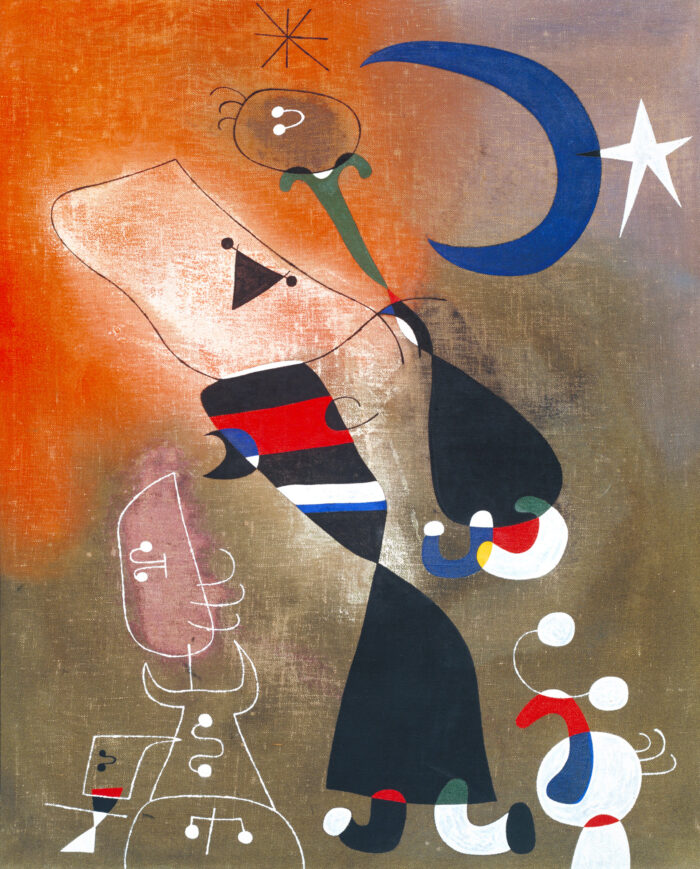 Surrealist painting of a bird and a woman in the moonlight by Joan Miro.