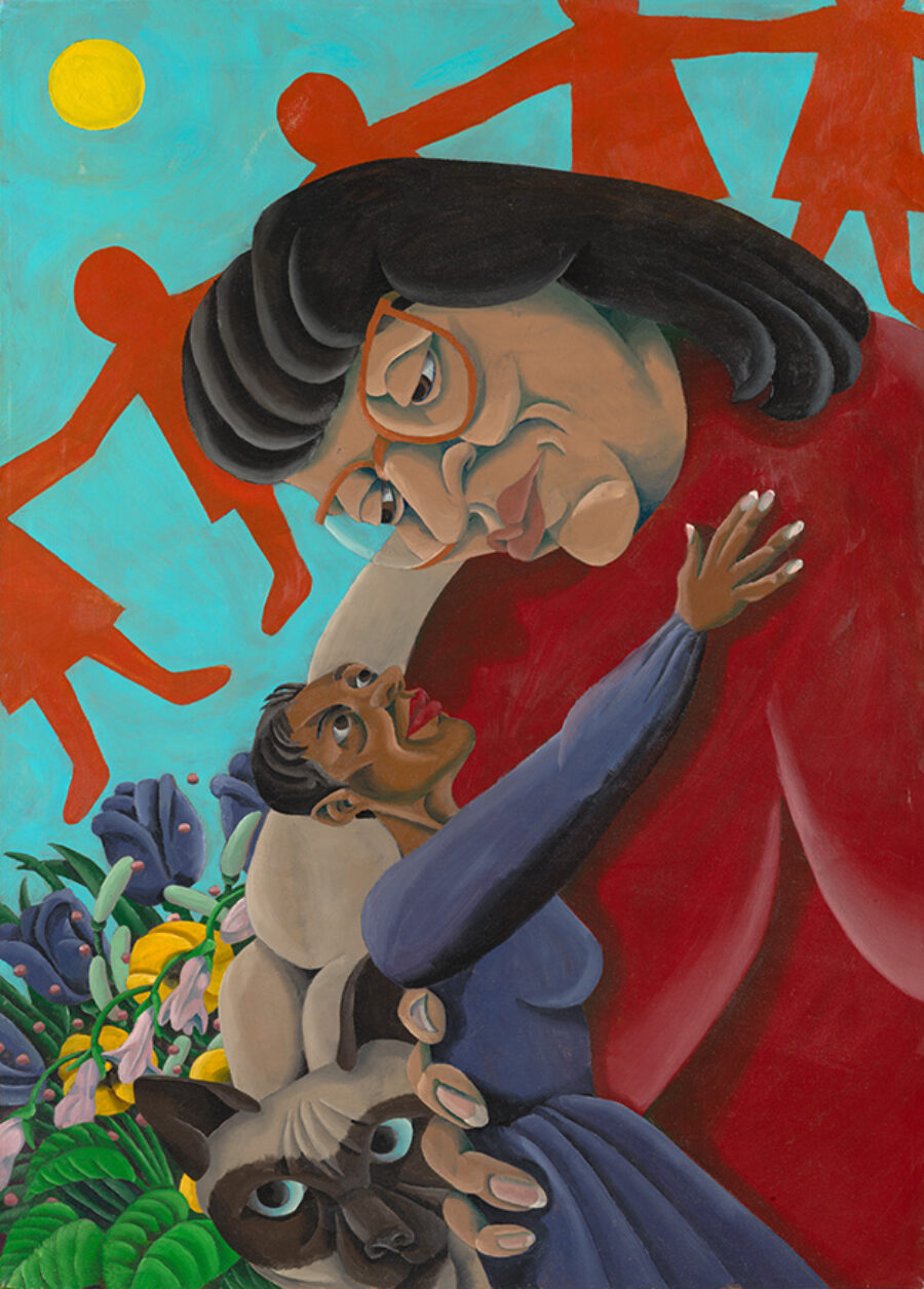 Black woman in a red dress holding a smaller Black woman in a purple dress as they look endearingly at each other