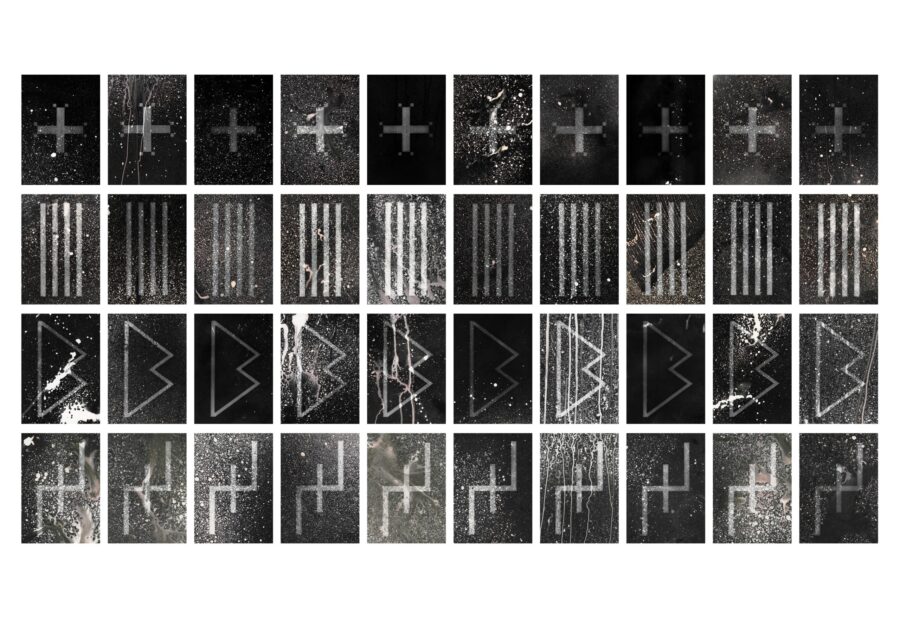 A series of white symbols on black canvas.
