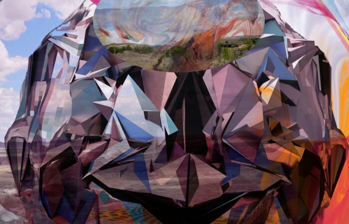 An abstract technology based artwork with geometric shapes and bright colors.
