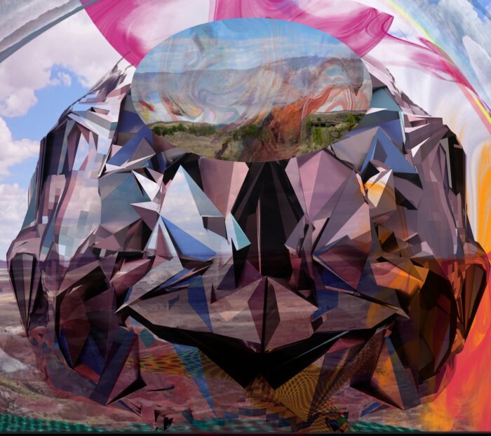 An abstract technology based artwork with geometric shapes and bright colors.