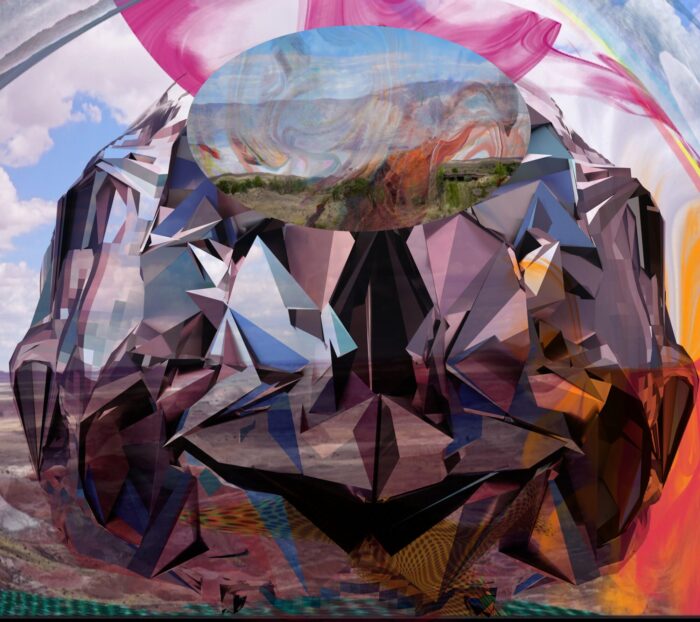 An abstract technology based artwork with geometric shapes and bright colors.