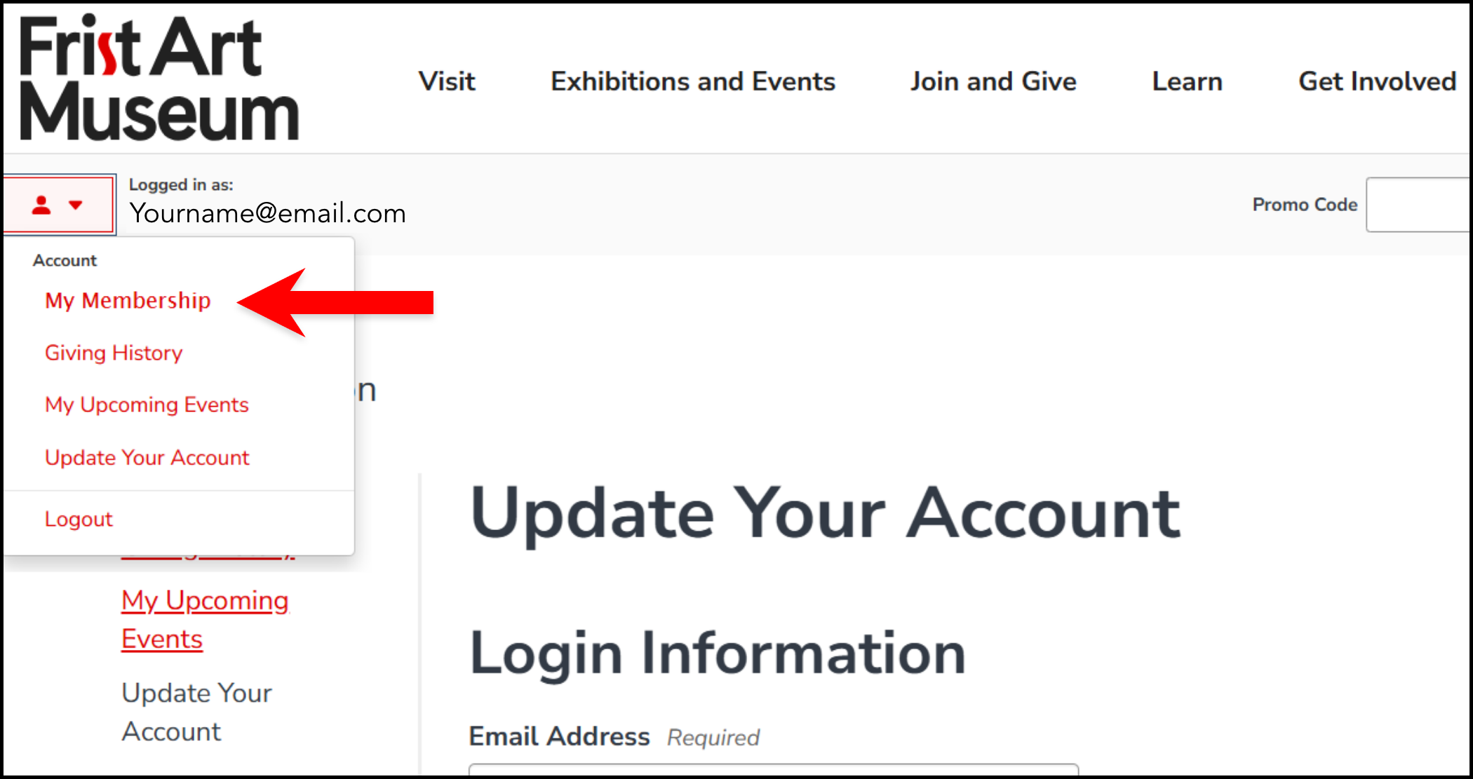 Screenshot showing arrow point to "My membership"