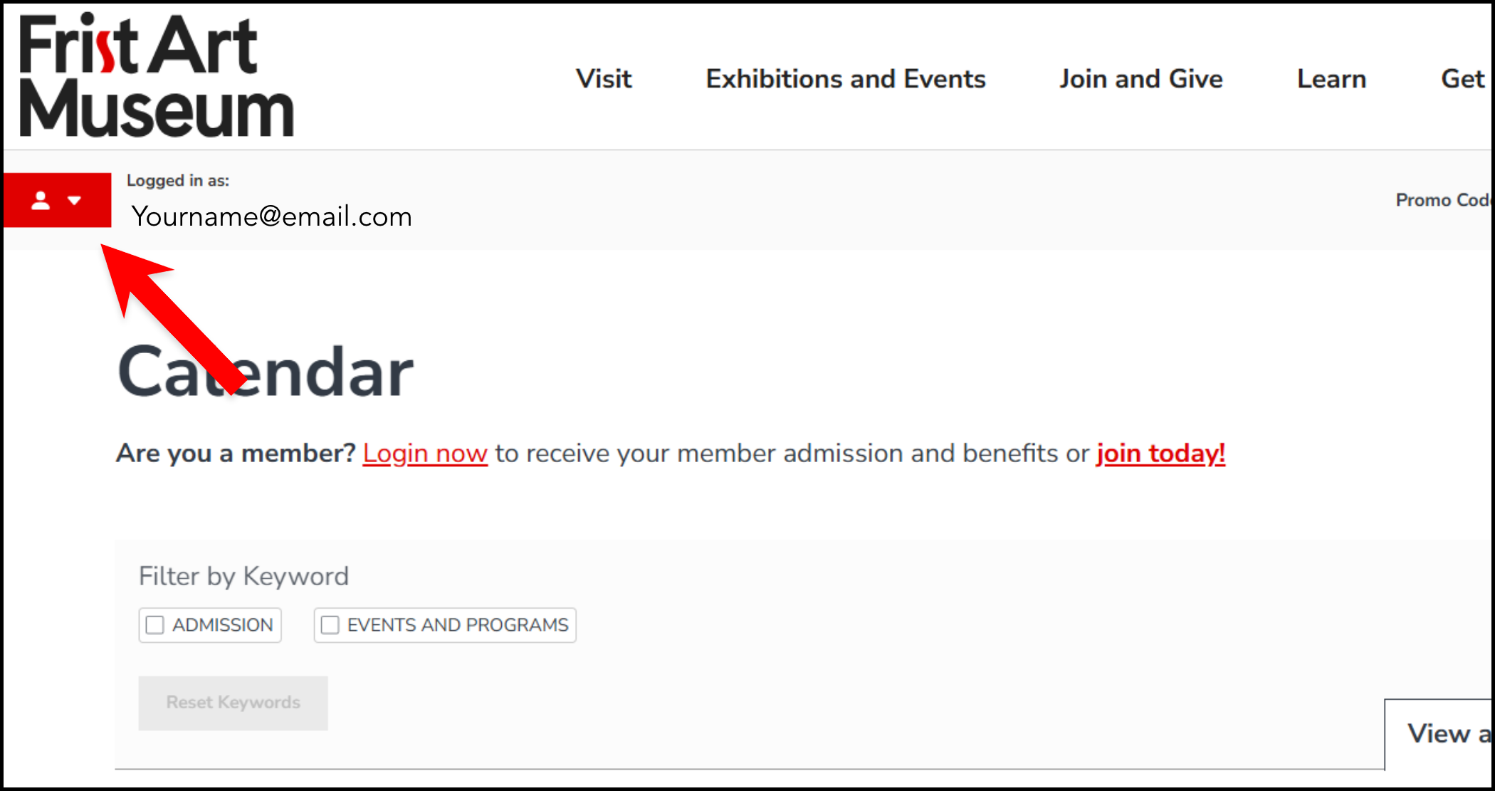 Screenshot showing arrow pointing to profile icon