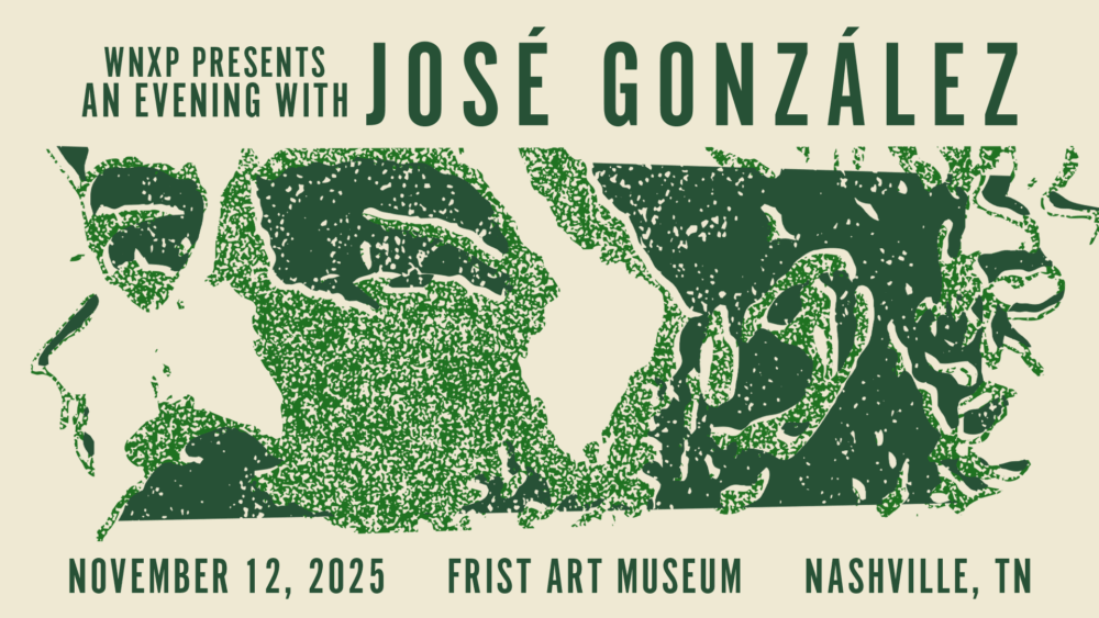Graphic with green writing and outline of musician José González.