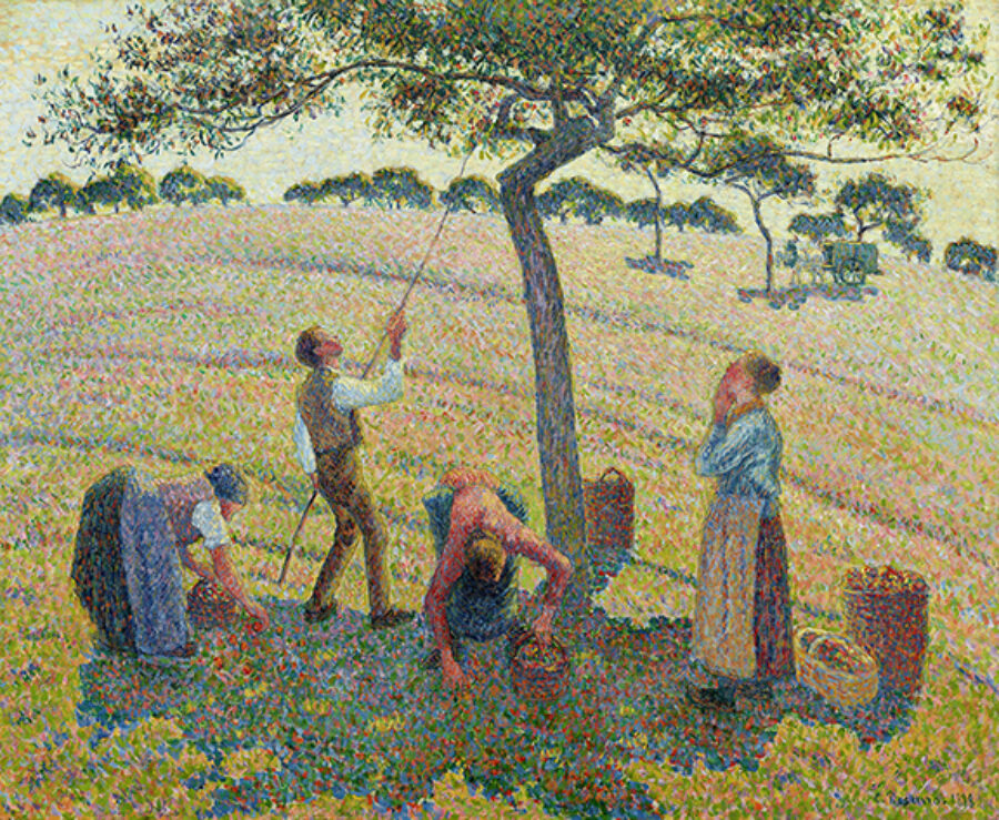 Impressionist painting of a group of people picking apples.