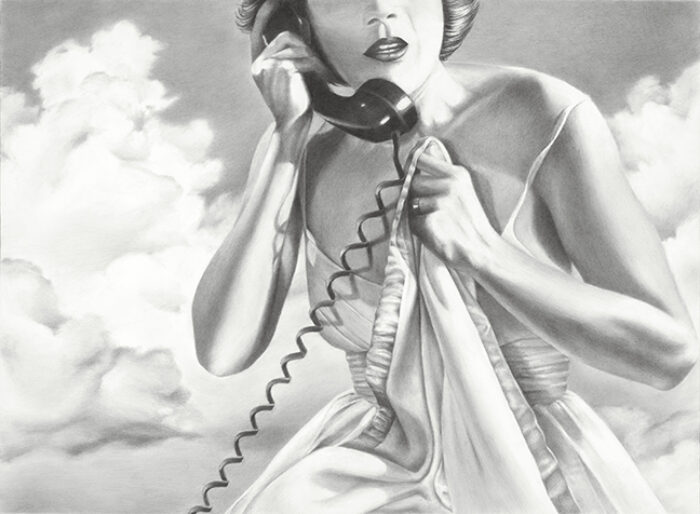 Drawing of a woman in the clouds making a phone call on an old, corded phone.