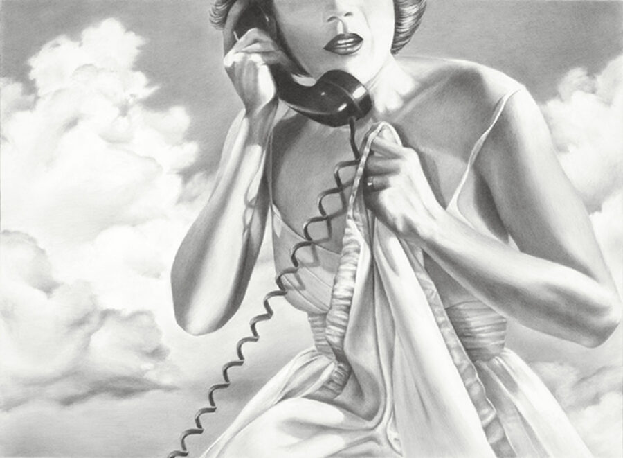 Drawing of a woman in the clouds making a phone call on an old, corded phone.