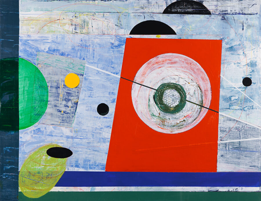 Abstract painting with different shapes in blue, green and red.