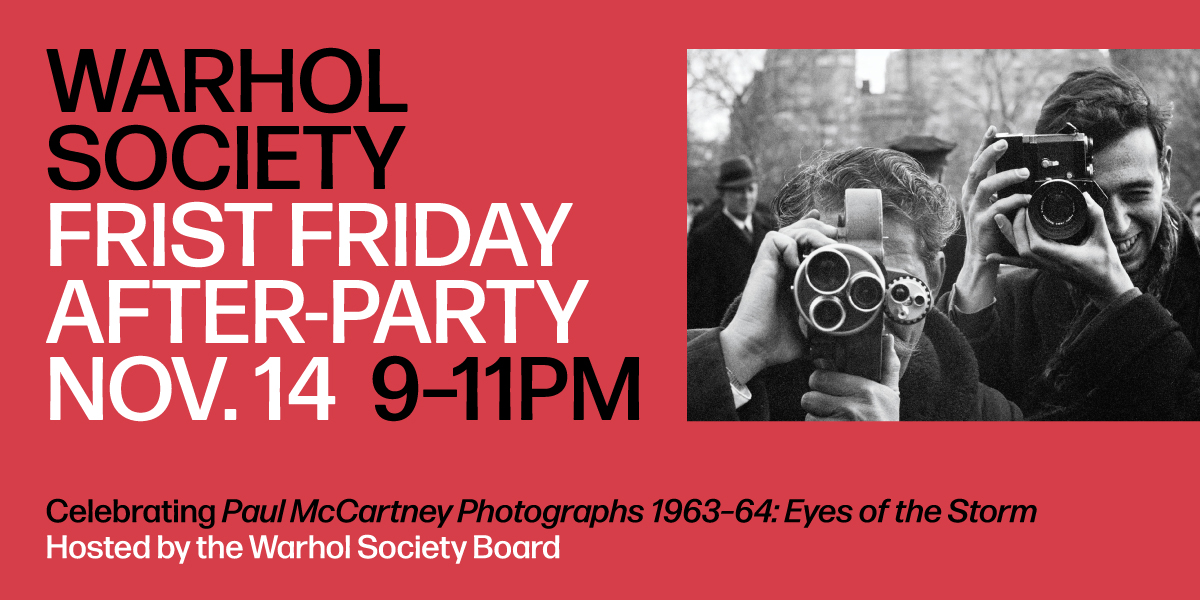 Graphic for Warhol Society after party with a photo of photographers in the 60s.