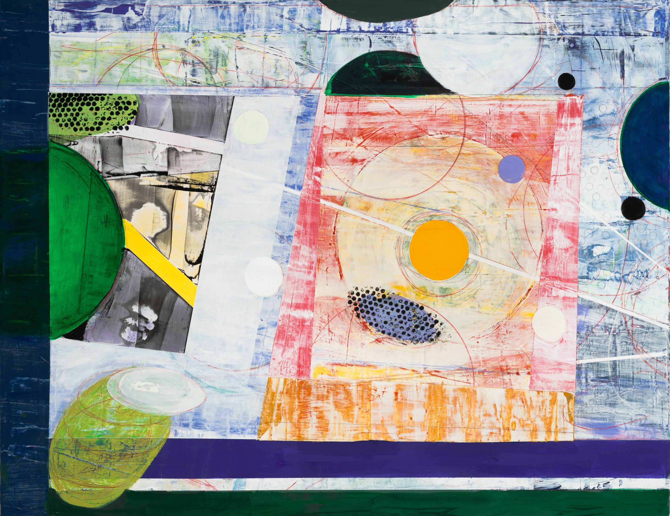 Abstract painting with different shapes in blue, green and red.