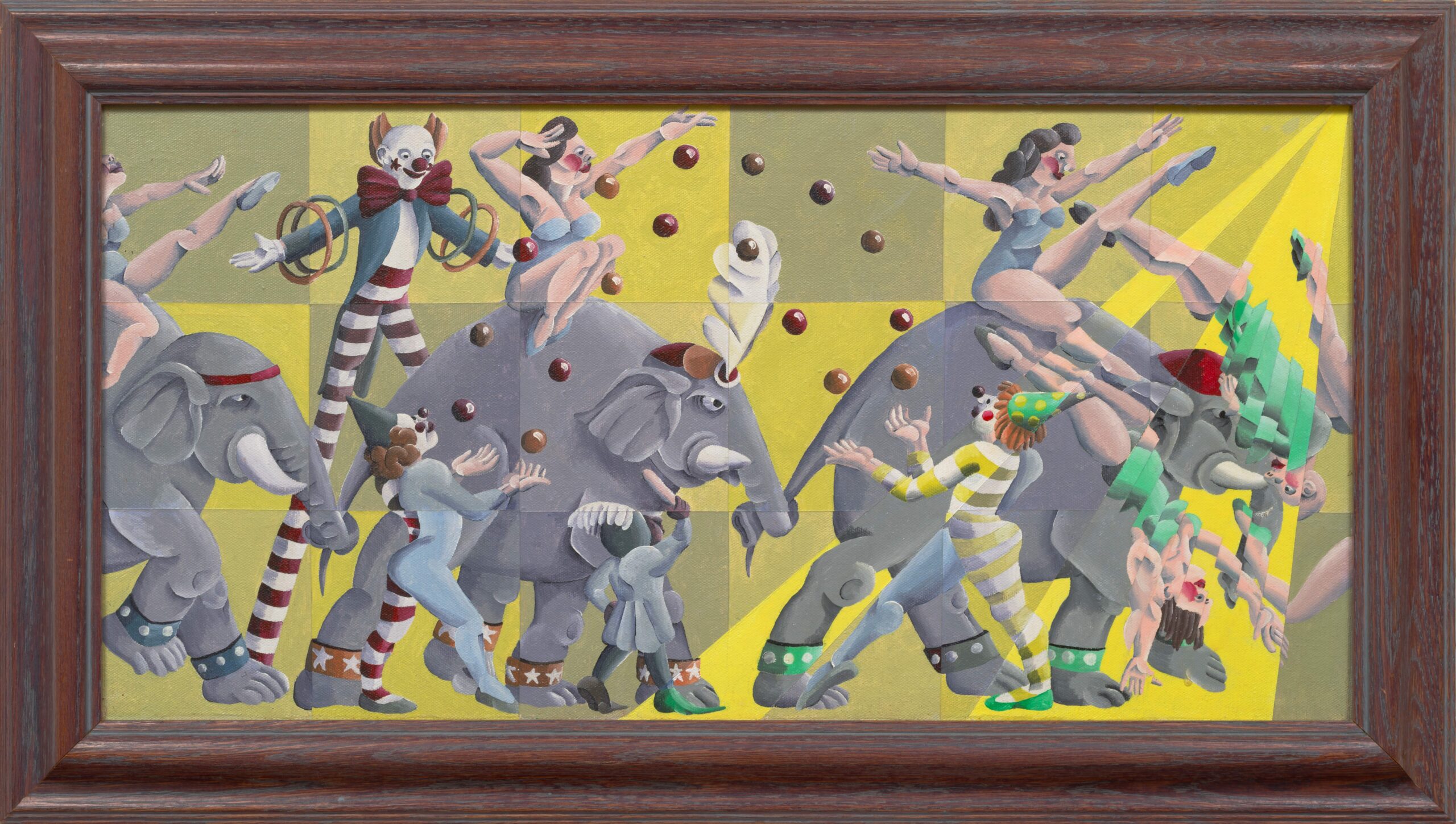 A stylized painting of a circus with elephants, clowns and acrobats.