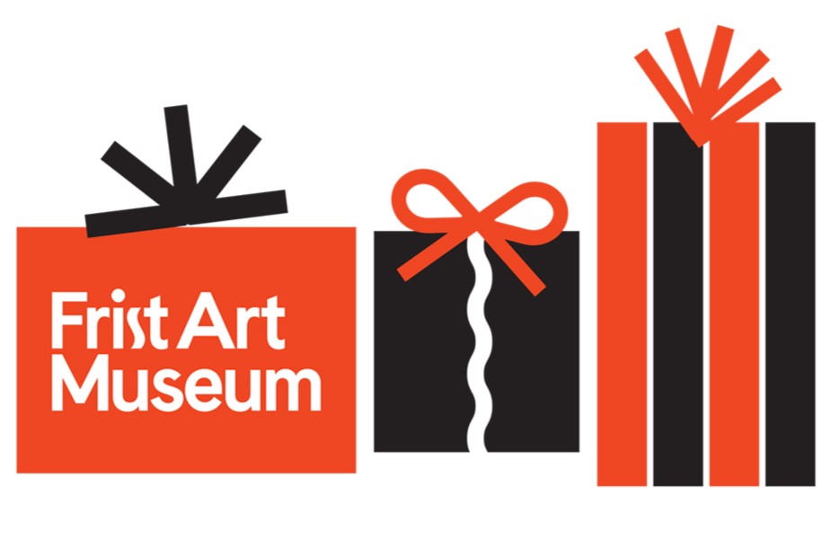 Three red and black packages with Frist Art Museum on the front of one of the gifts.