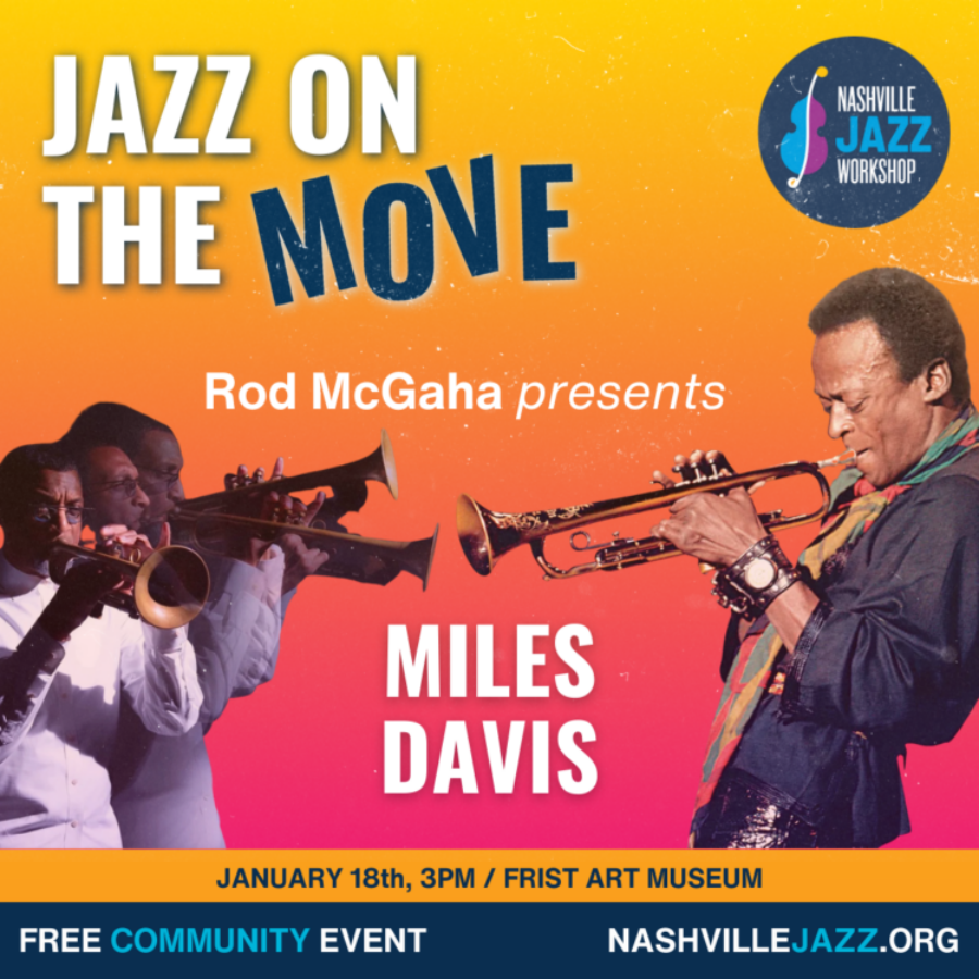 Jazz on the Move event graphic featuring Miles Davis.