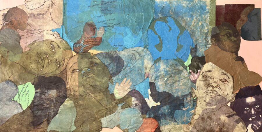 Collage with faces in brown, blue and pink.