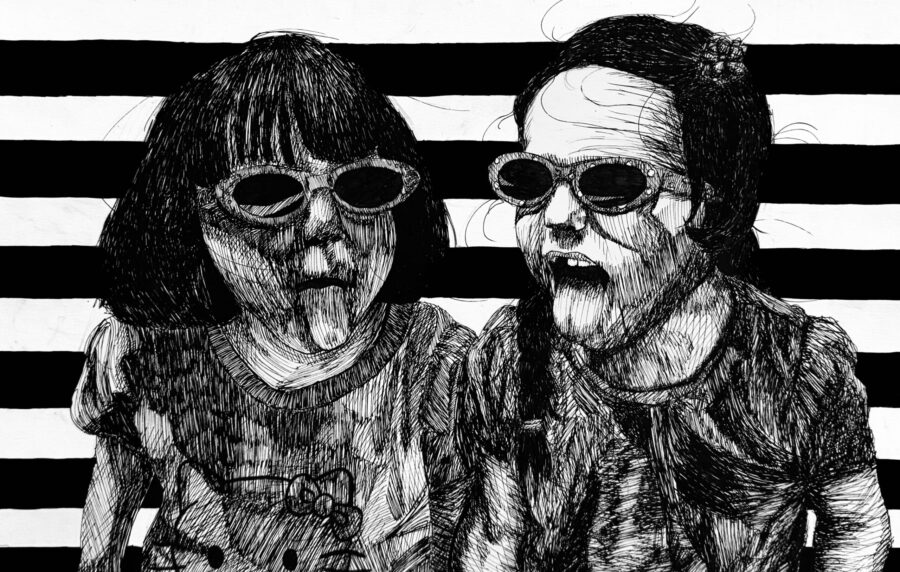 A drawing of two young girls sticking out their tongues with a black and white stripped background.