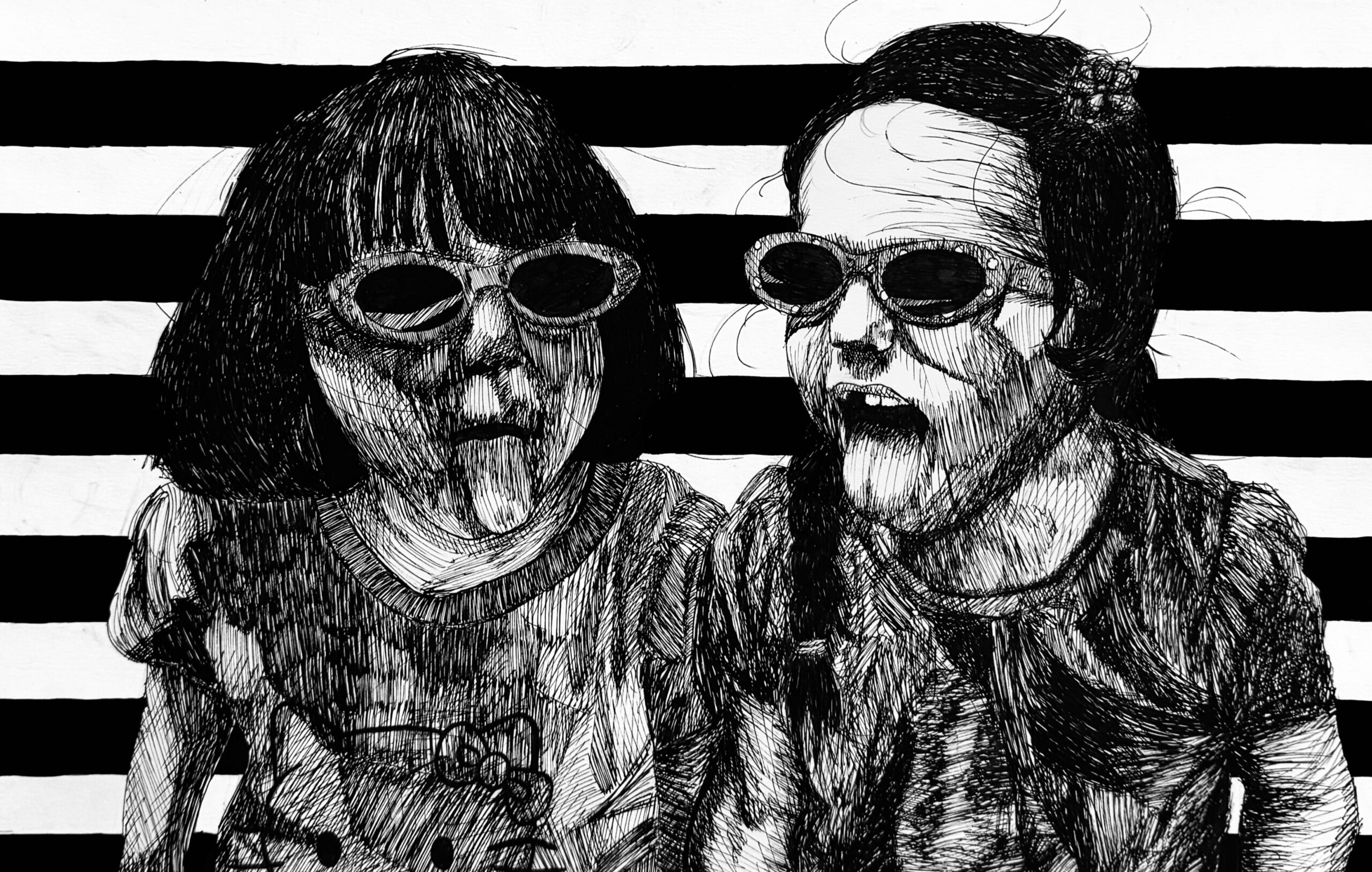 A drawing of two young girls sticking out their tongues with a black and white stripped background.