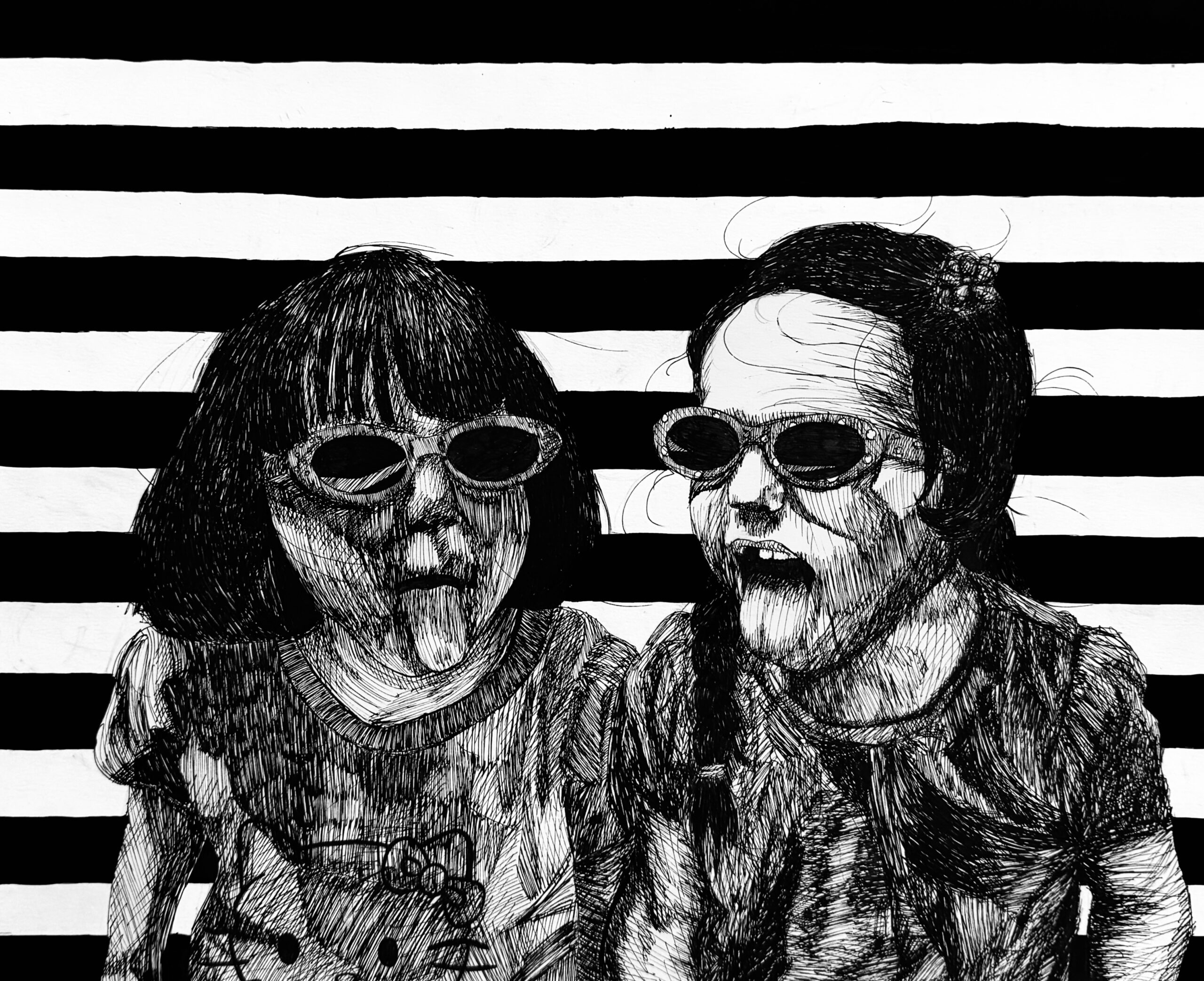 A drawing of two young girls sticking out their tongues with a black and white stripped background.