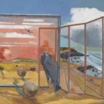 A surrealist painting of a bird near a cliff looking in a mirror.