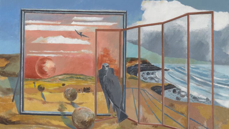 A surrealist painting of a bird near a cliff looking in a mirror.