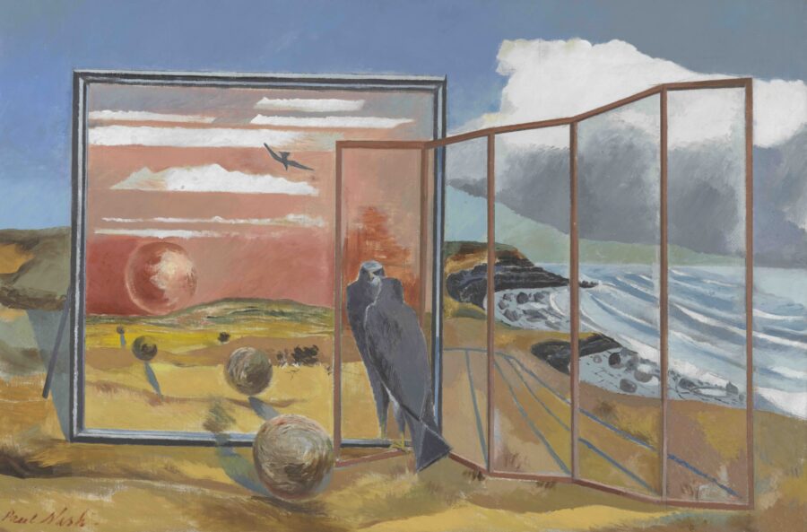 A surrealist painting of a bird near a cliff looking in a mirror.