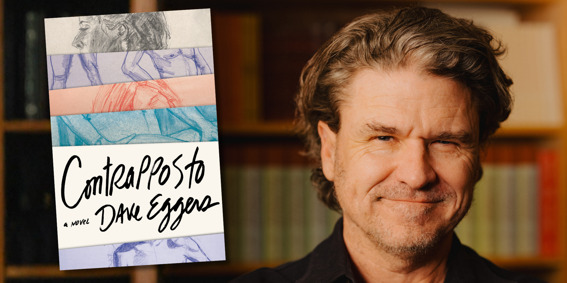 A photo of a man with a graphic of a book cover next to him.