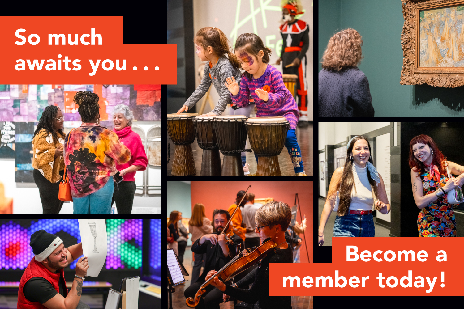 Collage of photographs of people enjoying their visit to the Frist being used to promote Frist membership.