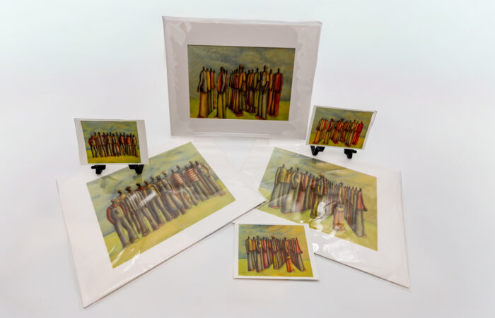 A series of prints of a painting of colorful people standing together. 