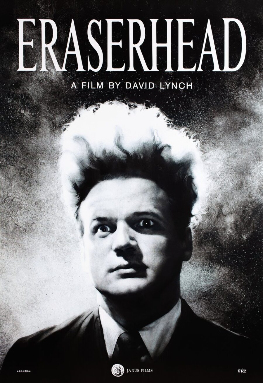 A movie poster for Eraserhead with a black and white photo of a man with hair standing straight up.