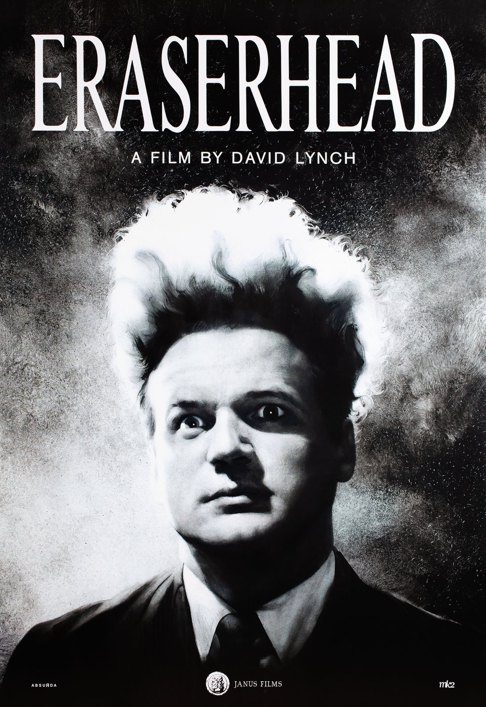 A movie poster for Eraserhead with a black and white photo of a man with hair standing straight up.